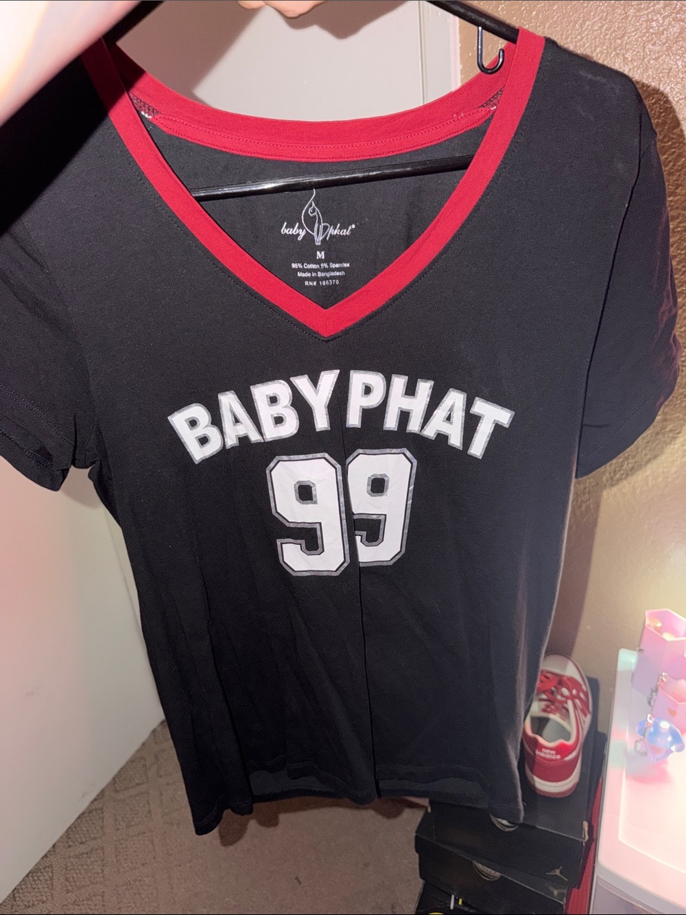 Baby Phat Black V-Neck Tee with Red Trim and White '99' Graphic